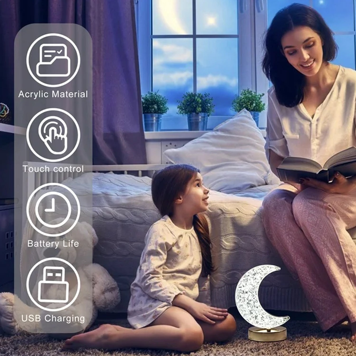 12570 Crystal Table Lamp | Moon Shape Touch Control Lamp with 3 Color | Metal Bedside Lamp for Kids Bedroom Romantic Desktop Nightstand | Stepless Dimming USB Charging Touch Night Light 12570 Crystal Table Lamp | Moon Shape Touch Control Lamp with 3 Color | Metal Bedside Lamp for Kids Bedroom Romantic Desktop Nightstand | Stepless Dimming USB Charging Touch Night Light